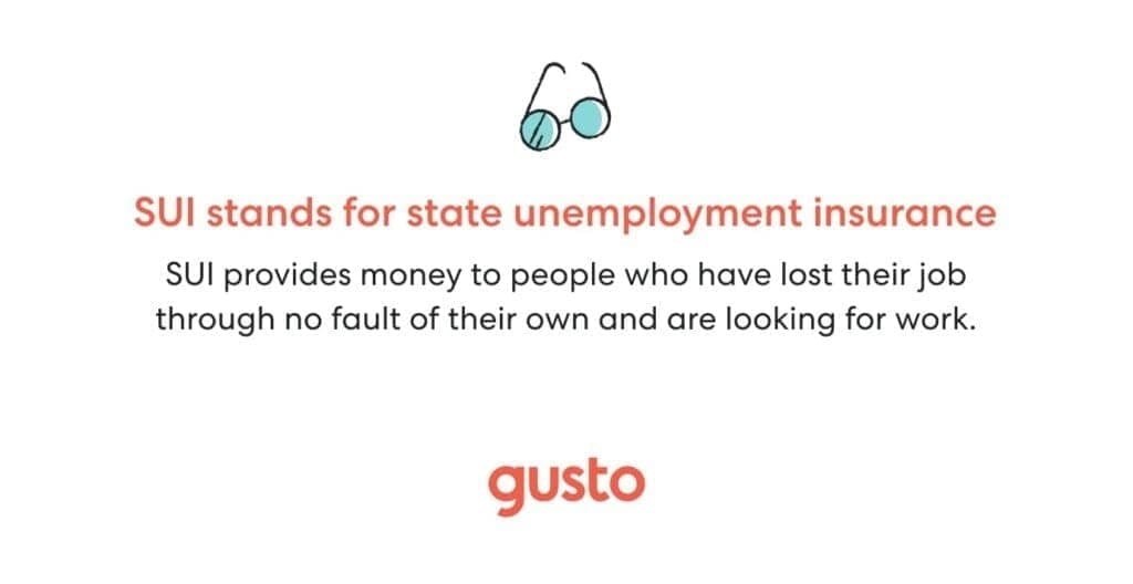 A graphic with a glasses icon that states, "SUI stands for state unemployment insurance. SUI provides money to people who have lost their job through no fault of their own and are looking for work.