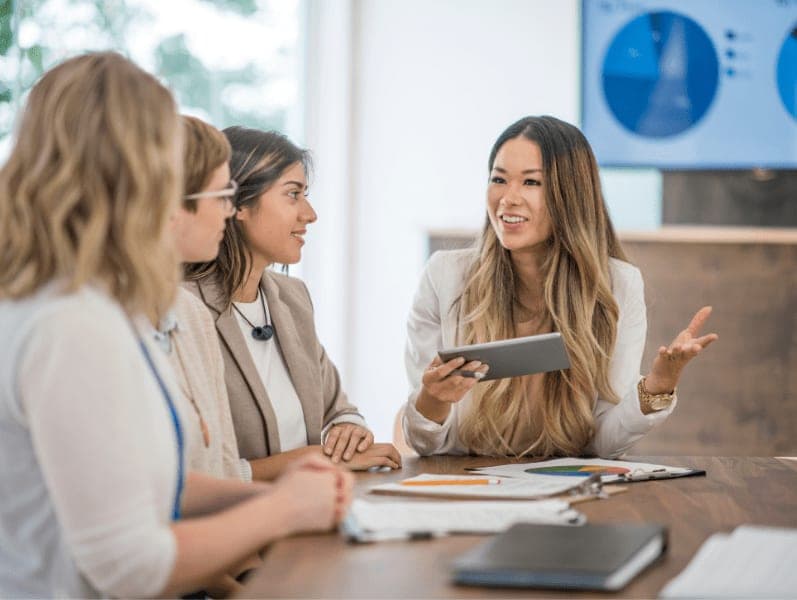 Group of businesswomen brainstorming new topics and ideas in the boardroom.