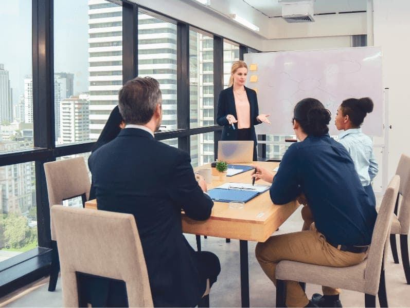 Businesswoman presents business plan in the meeting room.