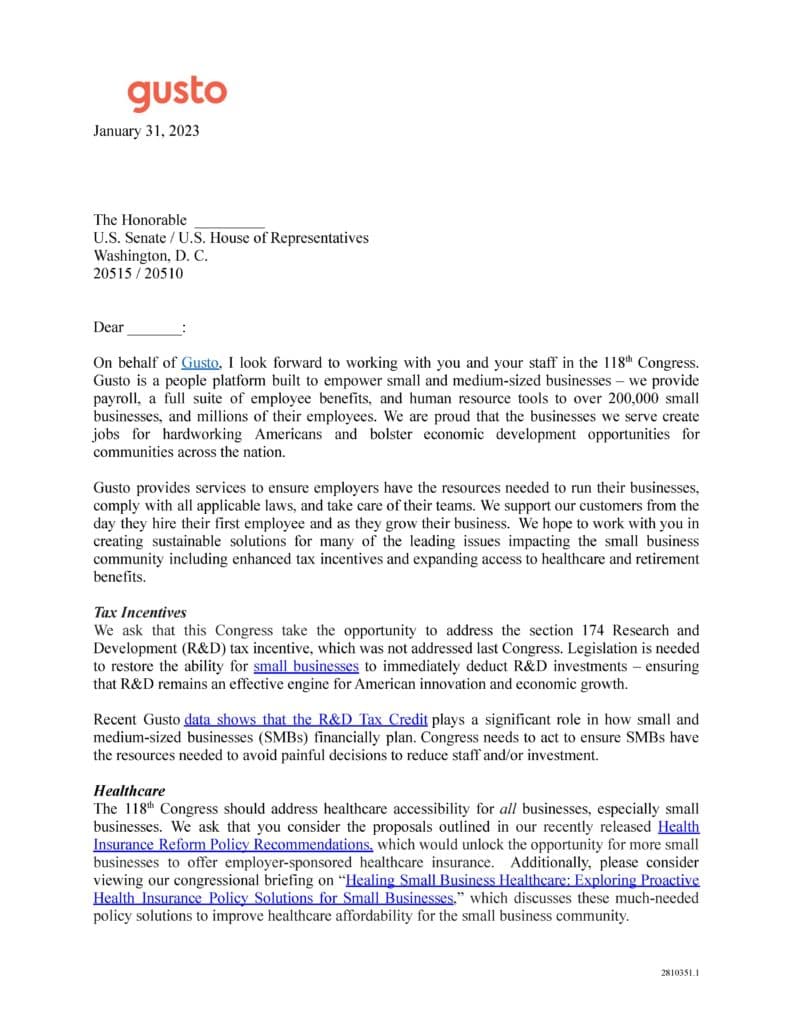 Gusto letter to Congressional Leaders outlining policy priorities that will catalyze small business formation and growth.