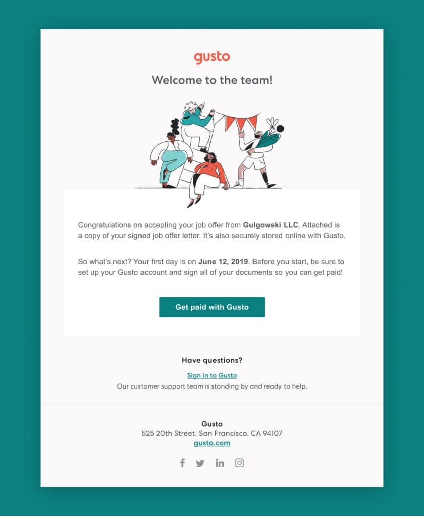 Welcome letter for employees - Gusto brand refresh
