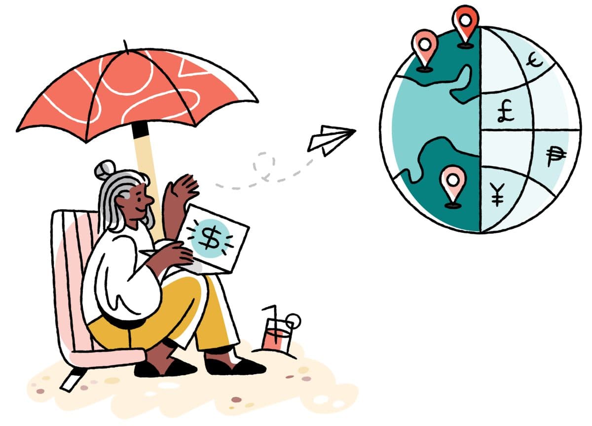 Illustration of a person sitting in a beach chair under an umbrella, sending a payment document toward a globe showing international currency symbols including euro, pound, peso, and yen