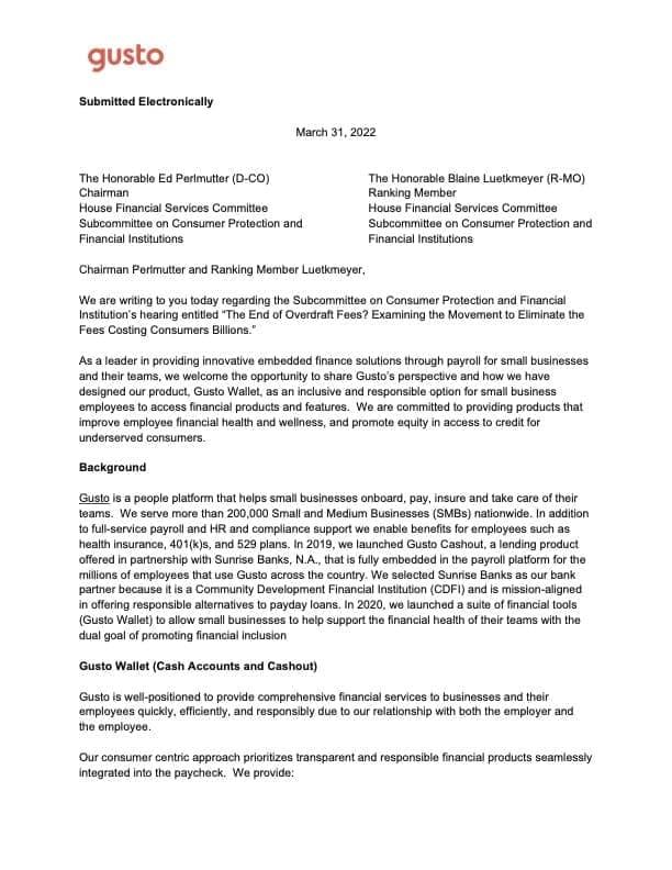 Gusto Letter to House Financial Services Subcommittee on Consumer Protection and Financial Institution Regarding Overdraft Fees
