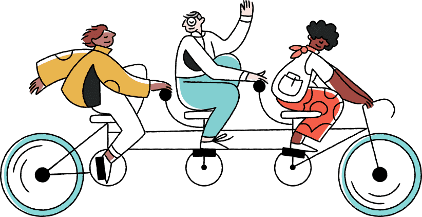 illustration of three people on a tandem bike