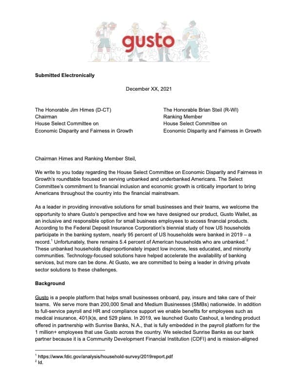 Gusto Letter to Select Committee on Economic Disparity 2021