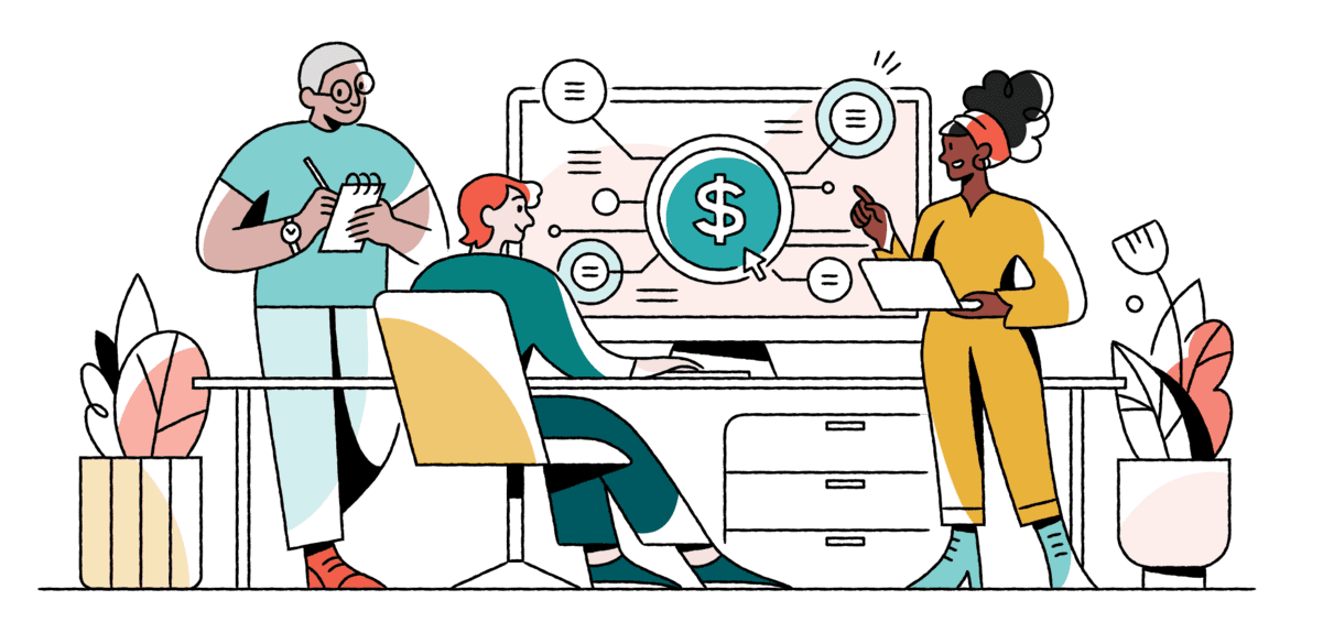 Illustration of three colleagues reviewing a financial or payroll software interface on a desktop computer.
