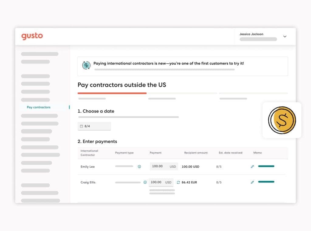 Screenshot of Gusto's Pay contractors outside the US