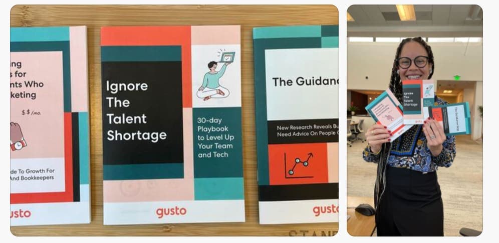 A display of Gusto Books, including Ignore the Talent Shortage and a woman holding Gusto books in her hands.