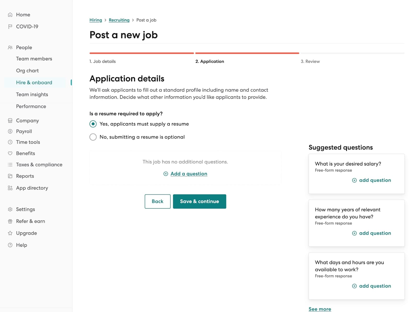 Gusto's Post a new job software screenshot