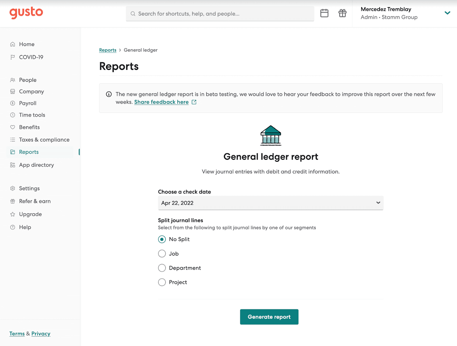A screenshot of Gusto software Reports feature