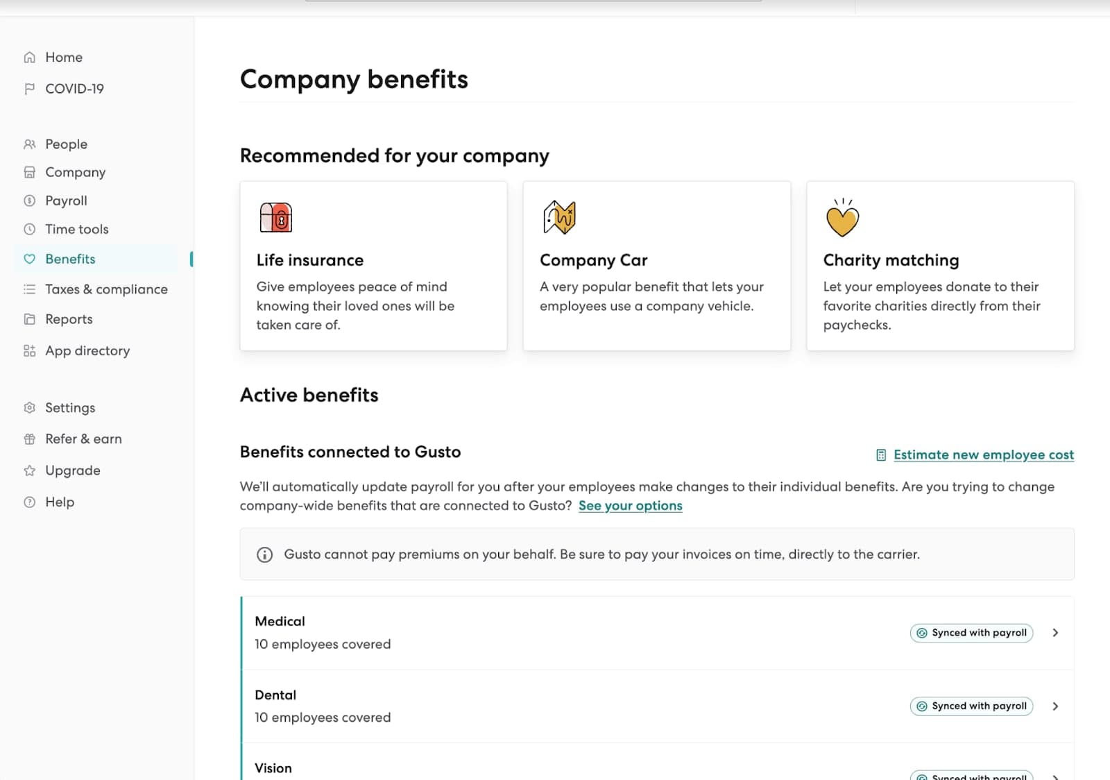 A screenshot of Gusto software's Company Benefits page
