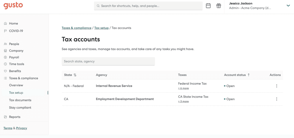Screenshot of Gusto's Company details page