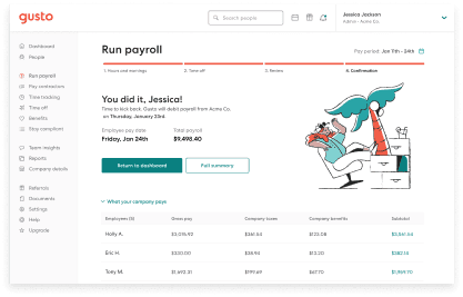 Screenshot of Gusto's payroll software