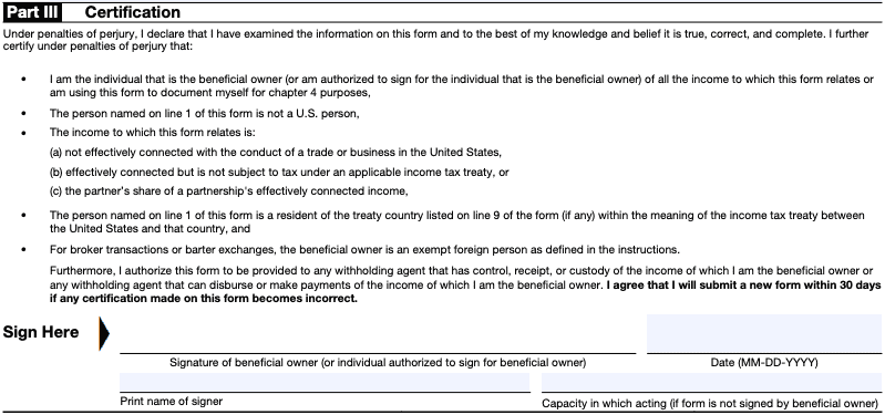 Part III of the W-8BEN form