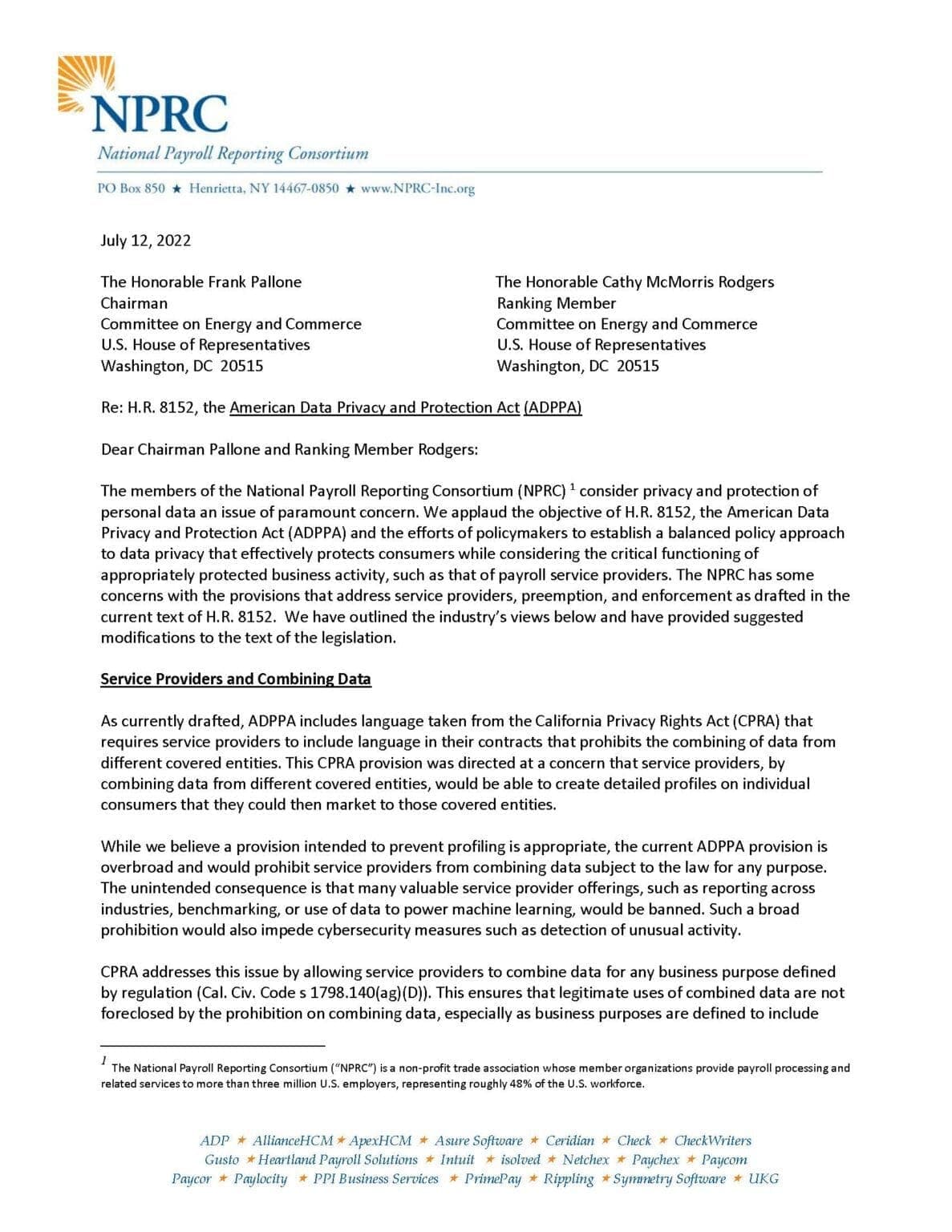 Gusto and NPRC letter regarding H.R. 8152, the American Data Privacy and Protection Act (ADPPA)