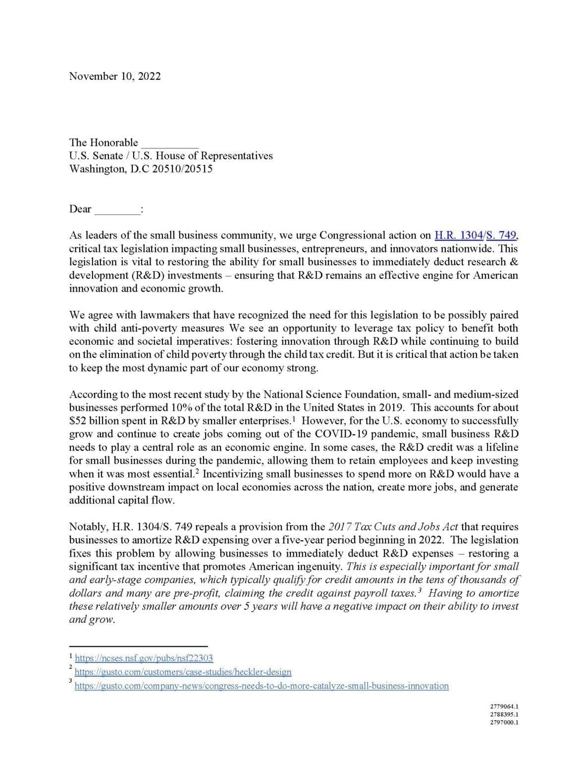 Gusto letter to Congress to urge Congressional action on H.R. 1304/S. 749