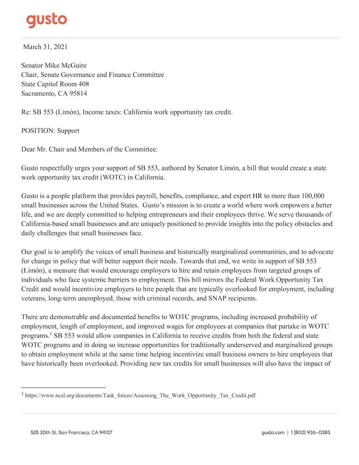 SB 553 Support Letter -1 of 2