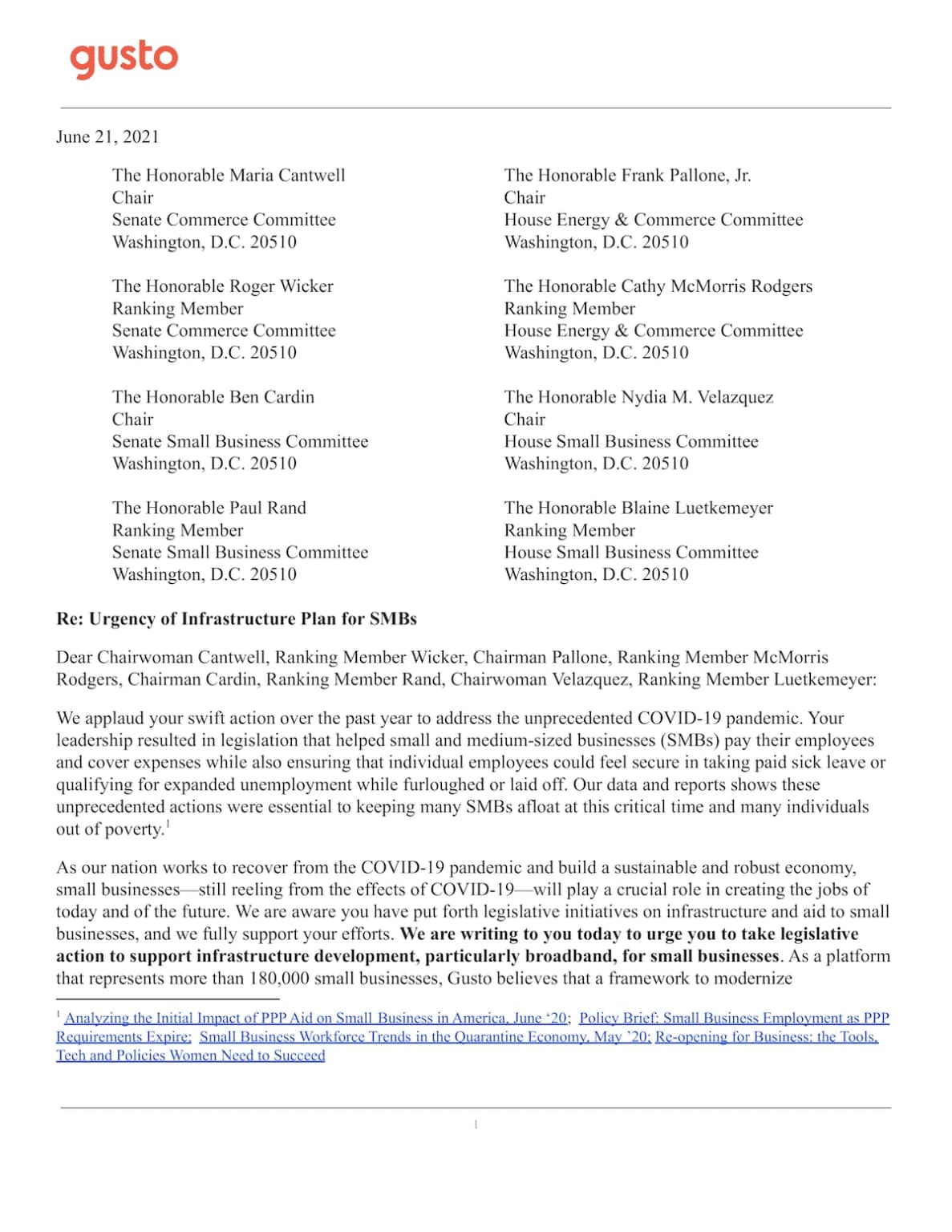 Gusto Letter to Congress Urging Infrastructural Development to Support Small Businesses - page 1 of 4