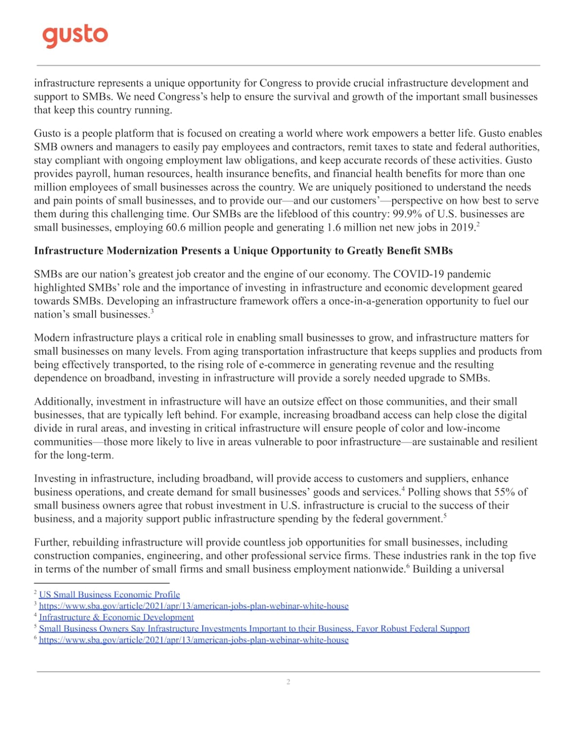 Gusto Letter to Congress Urging Infrastructural Development to Support Small Businesses - page 2 of 4