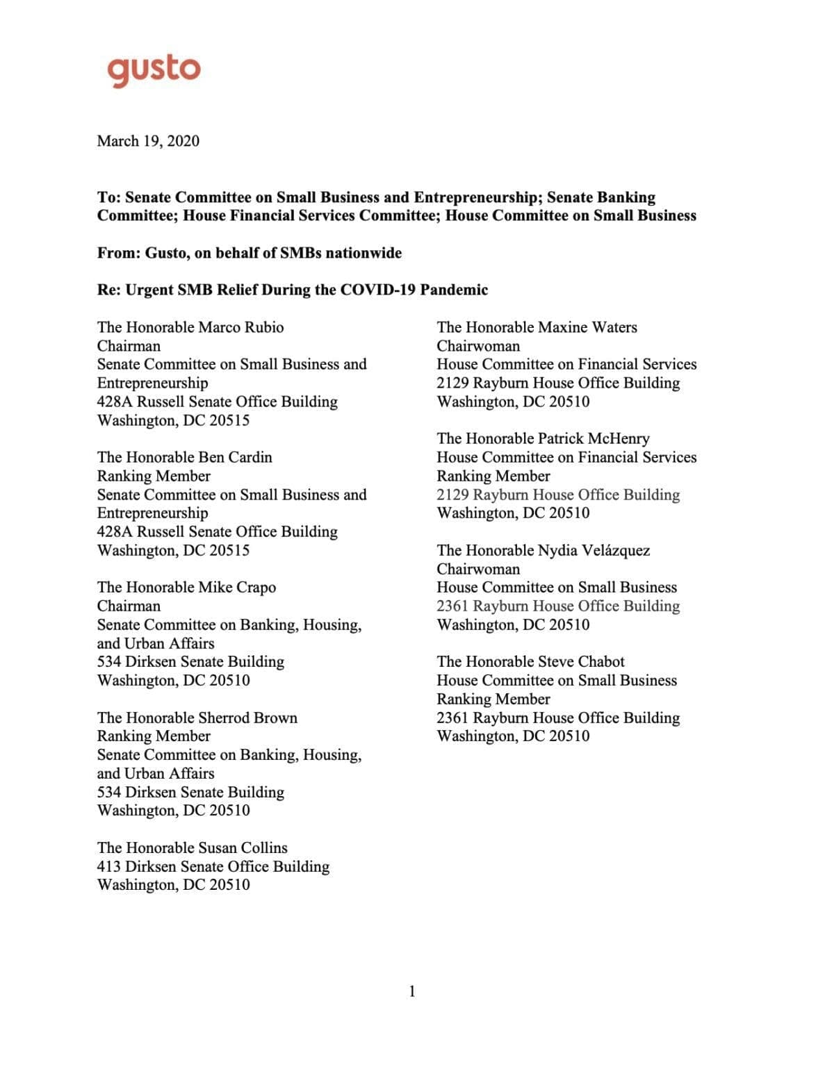 COVID - Gusto Letter to Congress 2020-03-19