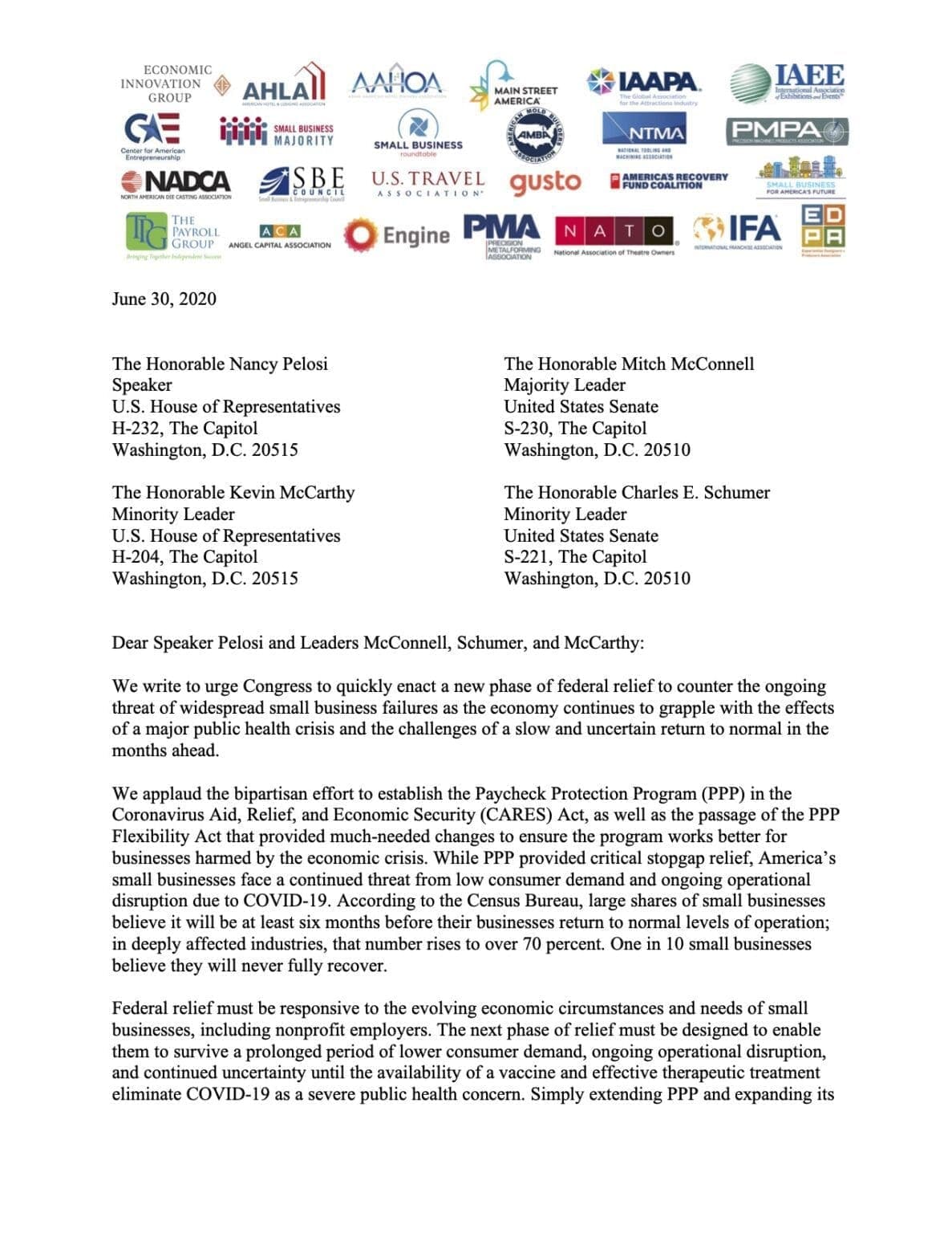 Stakeholder Letter to Congress on Small Business Relief - 6.30.20