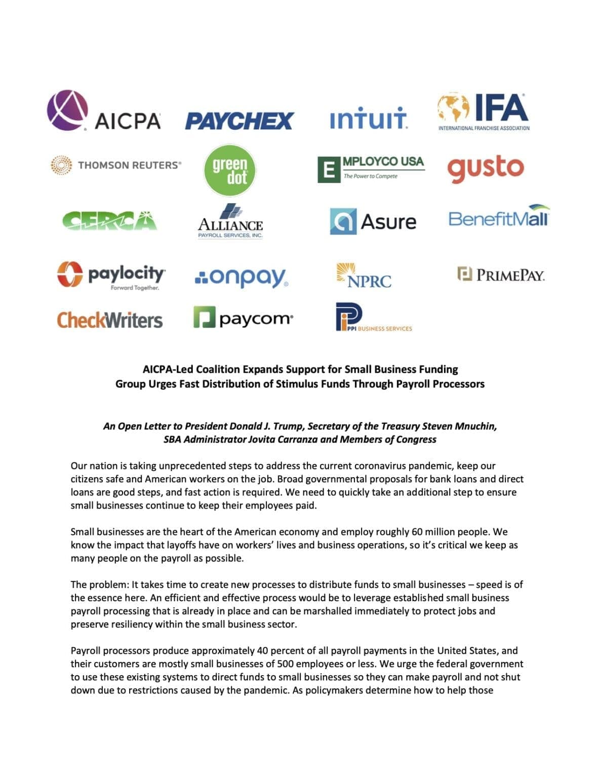 AICPA Led Coalition for Small Business Funding