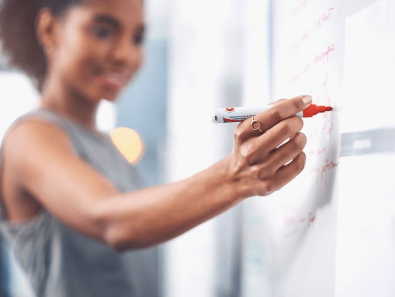 Woman Standing in front of white board writing out content marketing strategy