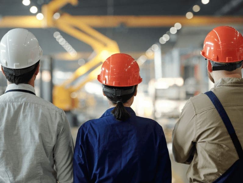 Three manufacturing employees standing with the backs to us wearing hard hats