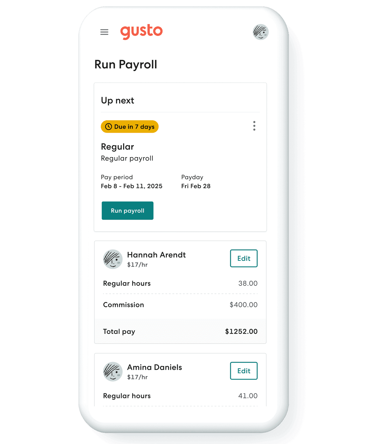 iphone with run payroll screen from Gusto