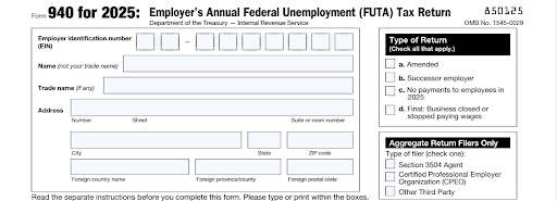 Screenshot of Top Section of 2025 Form 940