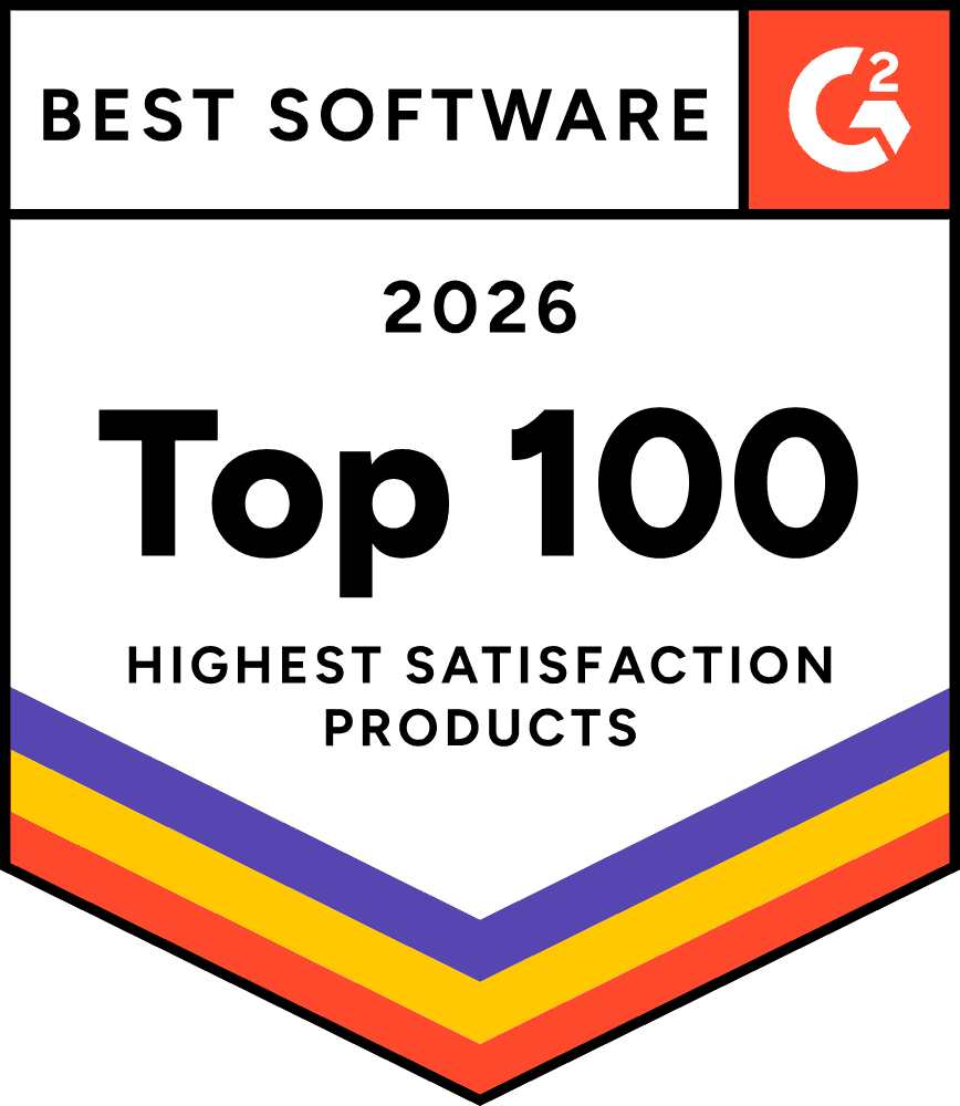 G2 Review 2026 badge for highest satisfaction products top 100 listt