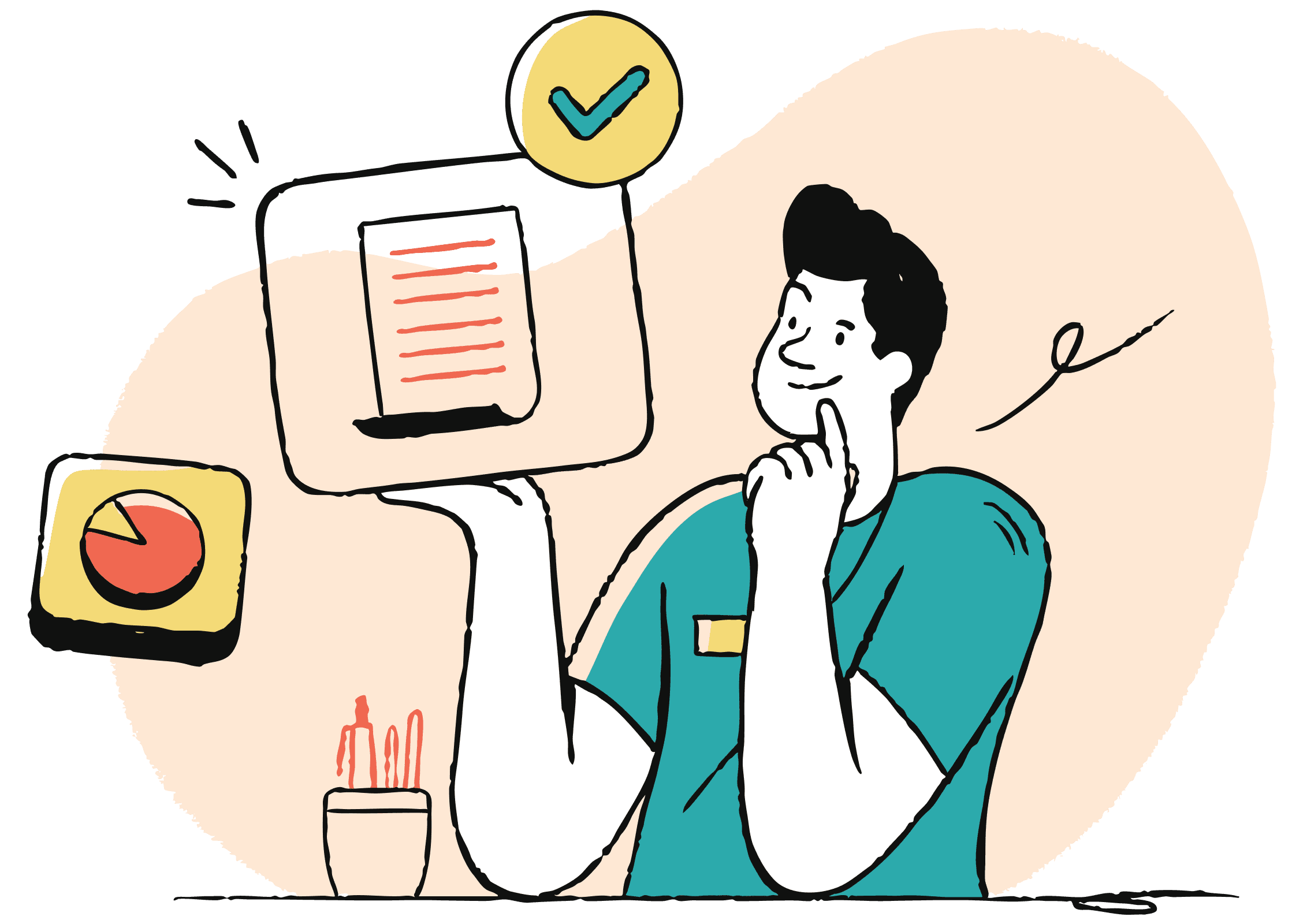 An illustration of a person thoughtfully reviewing financial documents and charts, representing a business owner considering their cash flow management options with Gusto Money.