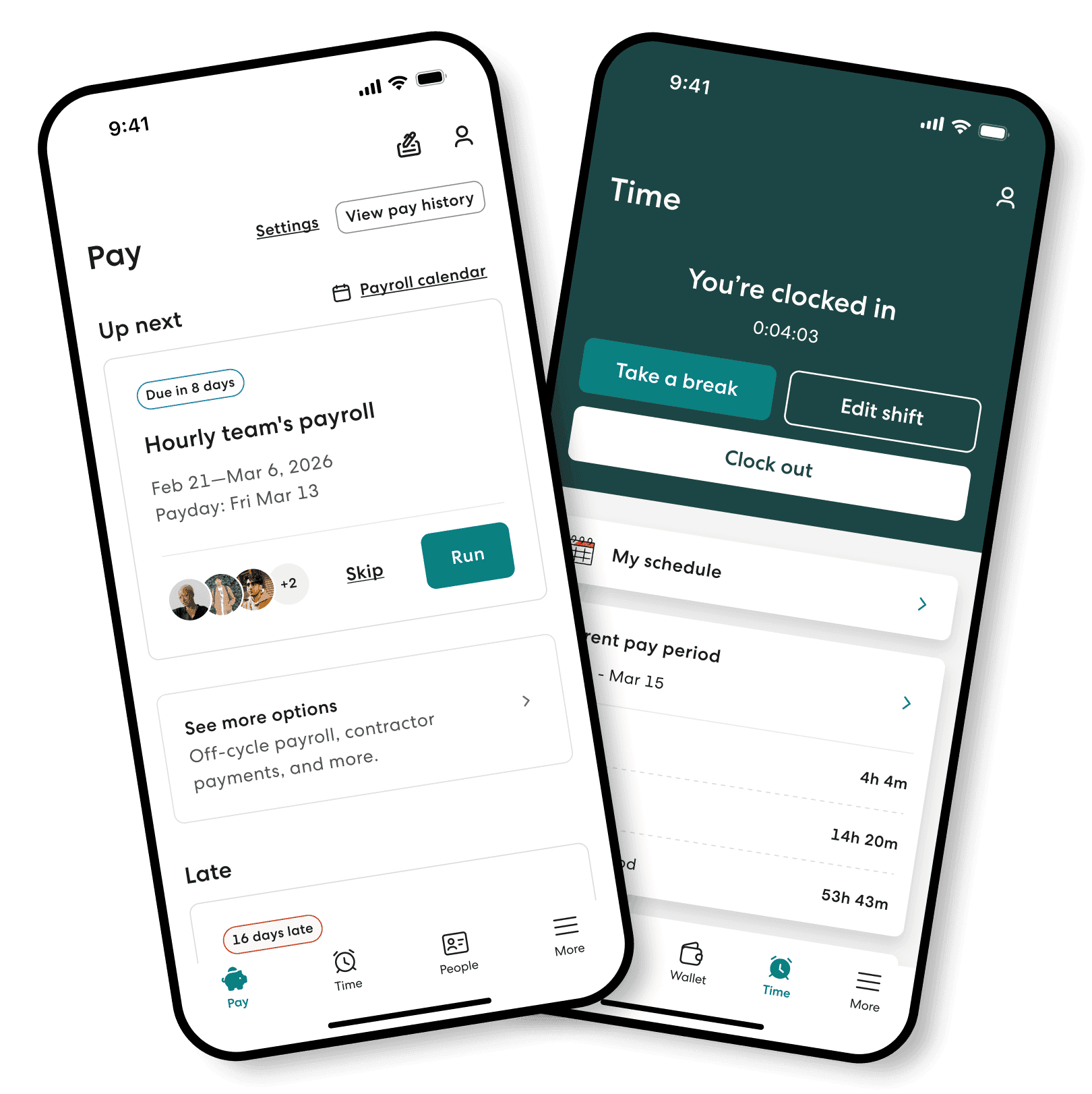 Two Gusto mobile app screens showing the employer Pay screen and the employee Time screen with an active clock-in session.