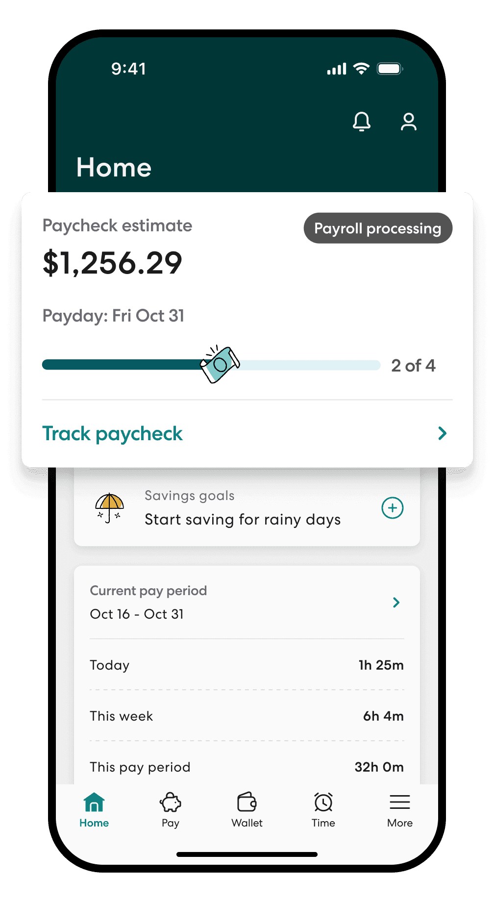 Gusto mobile app employee Home screen showing a paycheck estimate, payroll processing status, and current pay period hours.
