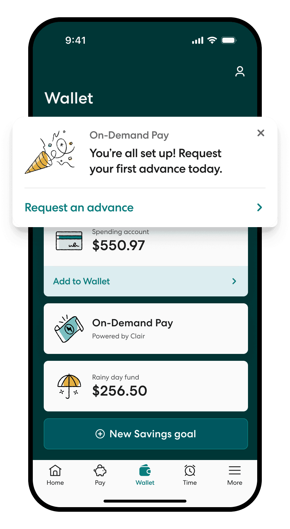 Gusto mobile app employee Wallet screen showing account balances, On-Demand Pay, and savings goals.