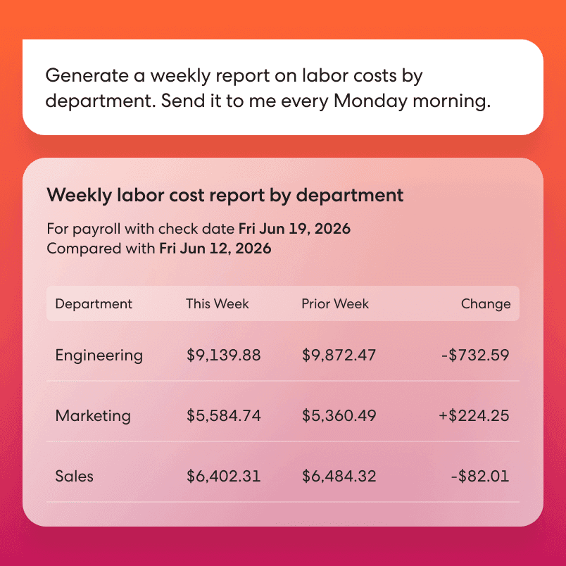 Gusto Cofounder pulling a weekly labor cost report broken down by department.