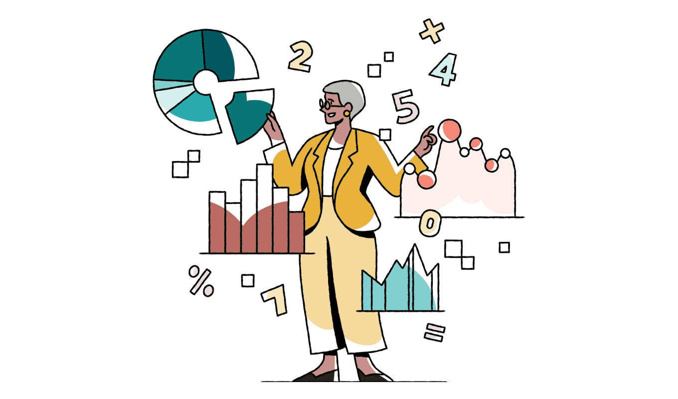 women with numbers/charts all around her