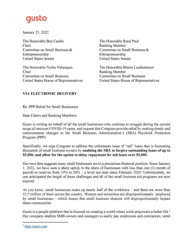 Gusto Sends Letter to Congress Regarding PPP Forgiveness