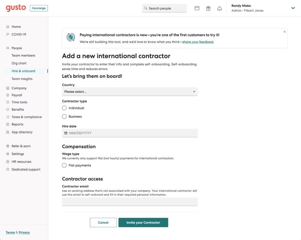 Gusto product screenshot of international contractor.