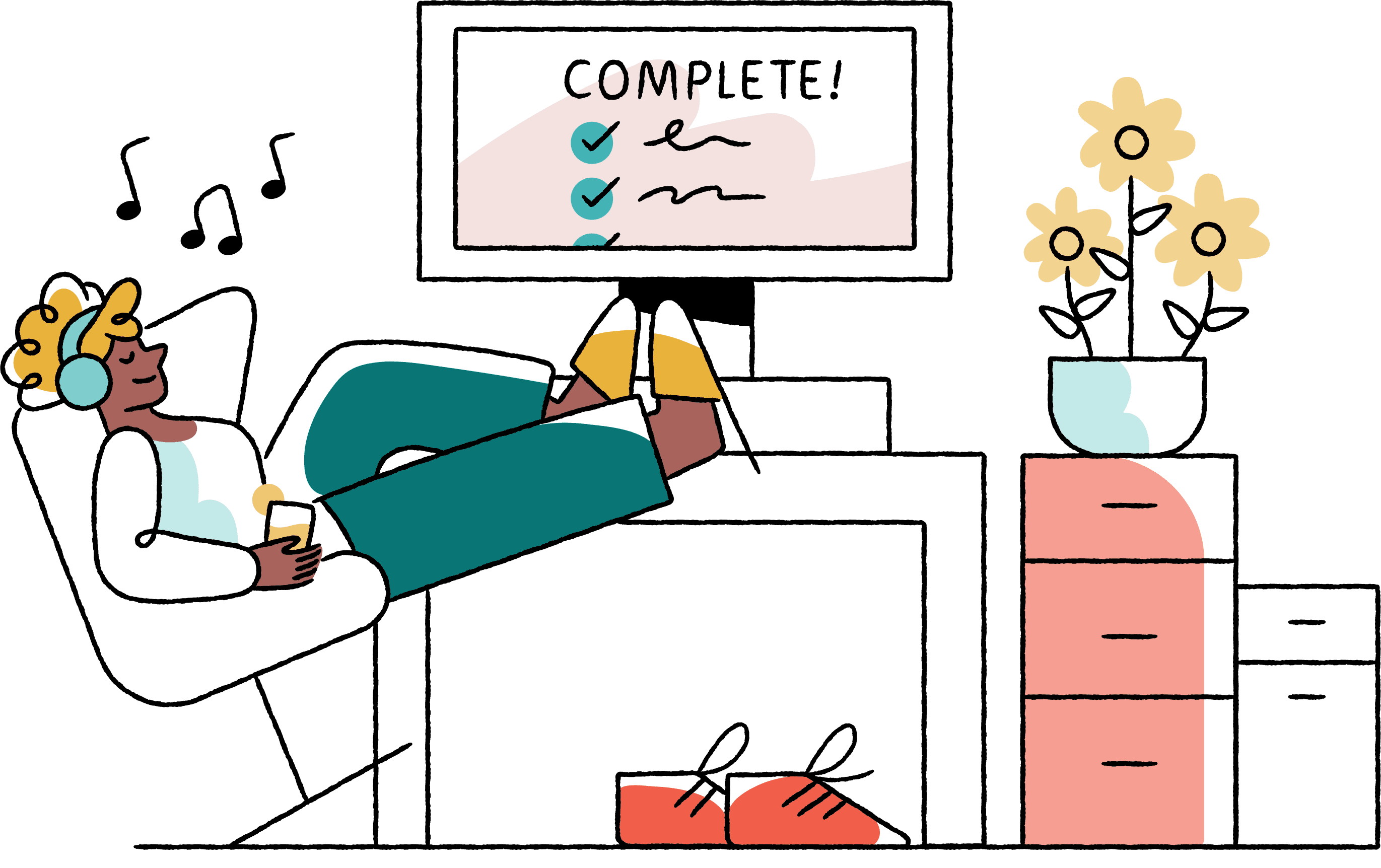 Accountant relaxing in a chair with feet up on a desk, listening to music, after completing a task checklist on screen