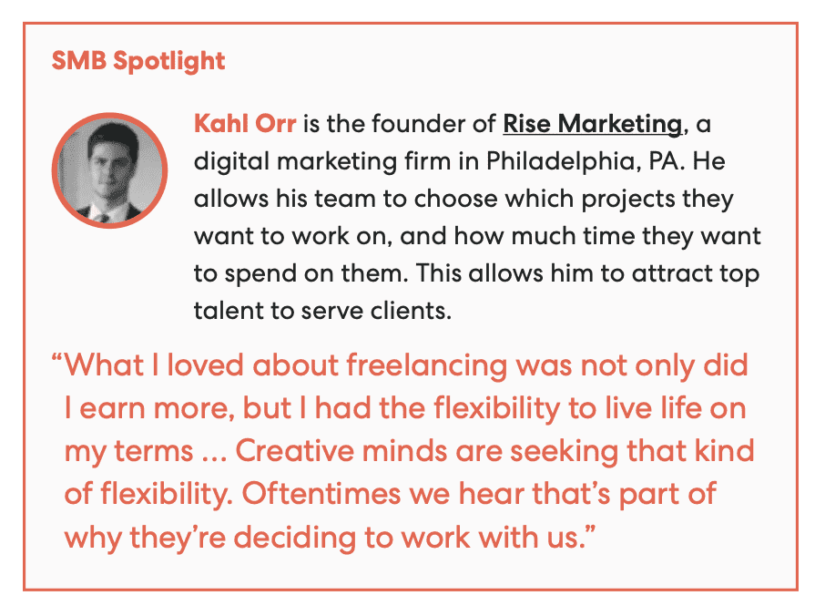 SMB Spotlight - Kahl Orr is the founder of Rise Agency, a digital marketing firm in Philadelphia, PA. He allows his team to choose which projects they want to work on, and how much time they want to spend on them. This allows him to attract top talent to serve clients.
SMB Spotlight - Kahl Orr is the founder of Rise Agency, a digital marketing firm in Philadelphia, PA. He allows his team to choose which projects they want to work on, and how much time they want to spend on them. This allows him to attract top talent to serve clients.