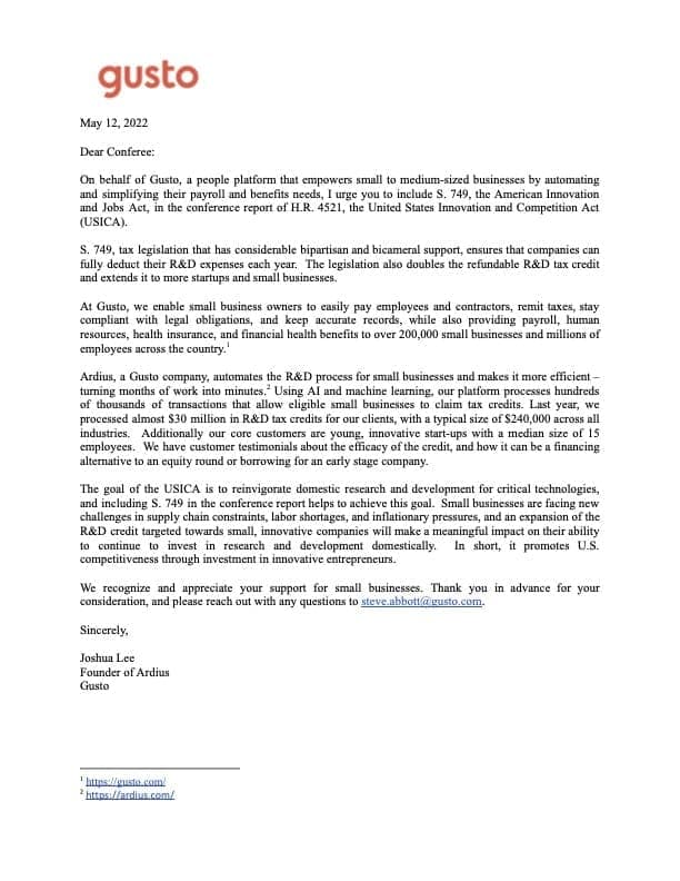 Gusto + Ardius letter to USICA Conferees calling for an expansion of the R&D tax credit