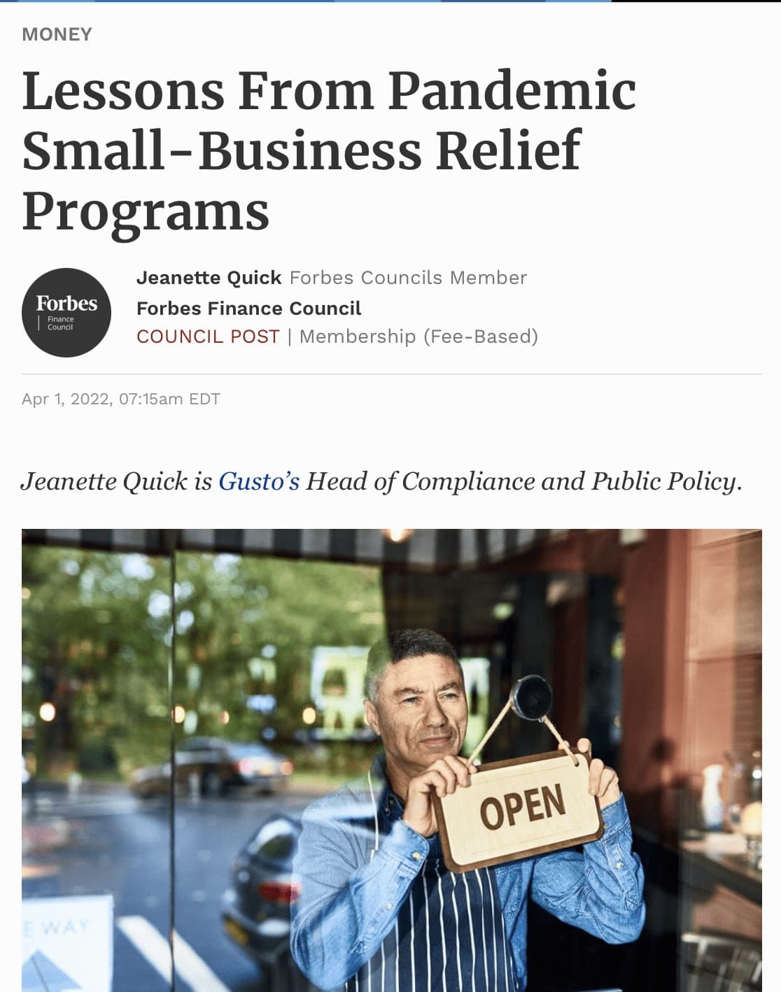 A screenshot of Forbes: Lessons from Pandemic Small-Business Relief Programs