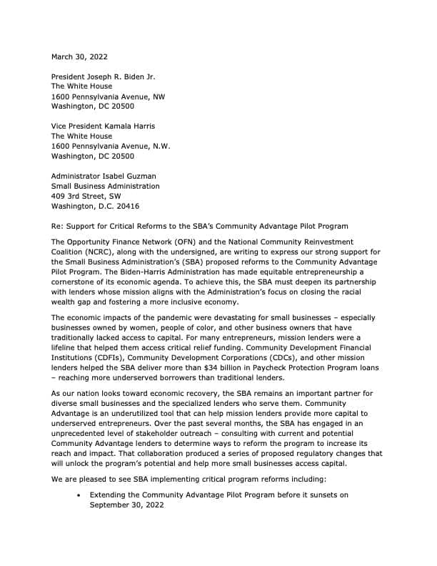 A letter featuring Gusto joined by the Opportunity Finance Network (OFN), the National Community Reinvestment Coalition (NCRC), and a coalition of over 90 organizations in supporting critical reforms to the Small Business Administration (SBA) Community Advantage Pilot Program.