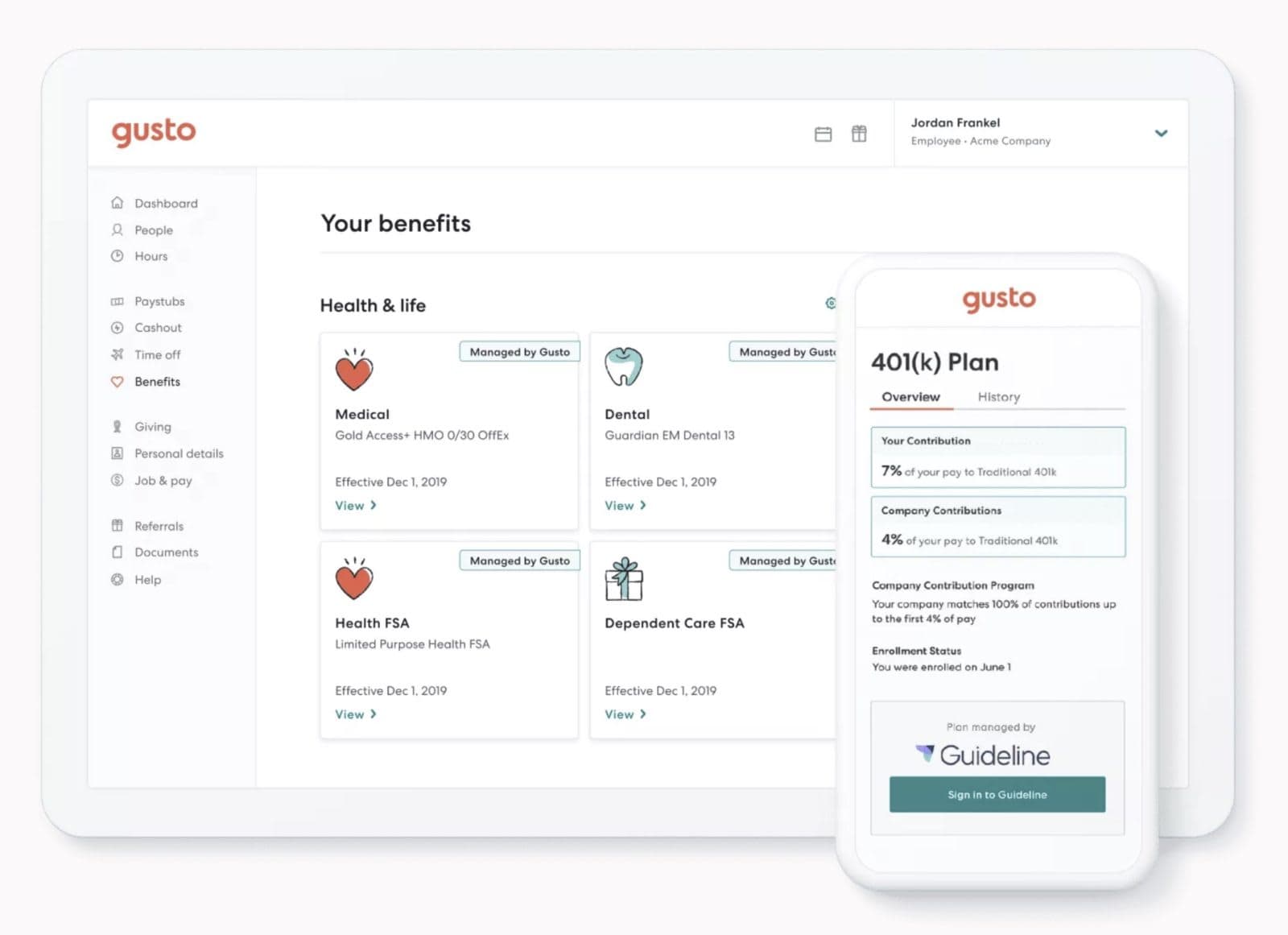 Screenshot of Gusto Software Benefits offerings