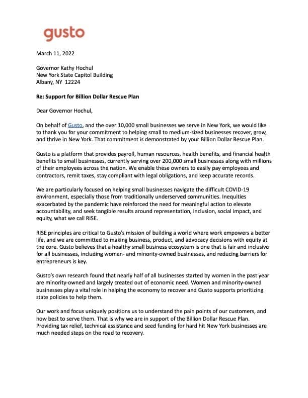 Gusto Letter in support of New York Bilion Dollar Rescue Plan