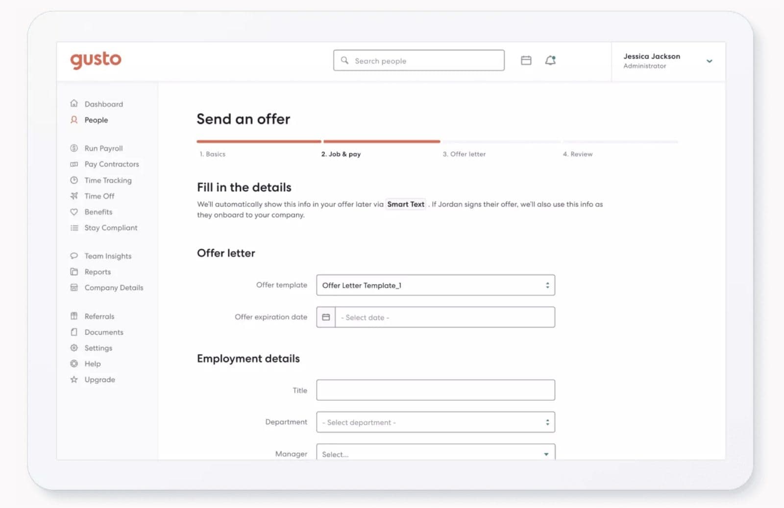sending an offer letter from Gusto dashboard