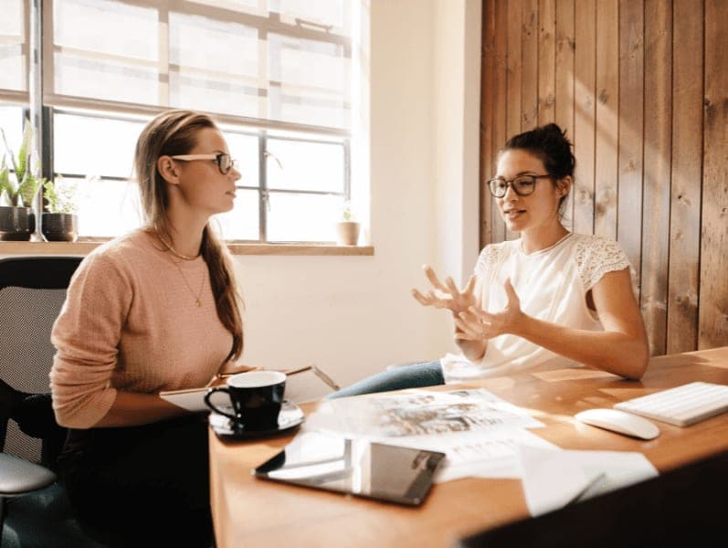 Two businesswomen discussing new project ideas at office desk.