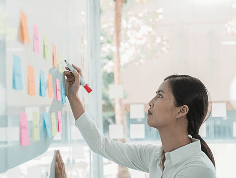 Corporate woman writing on a whiteboard.