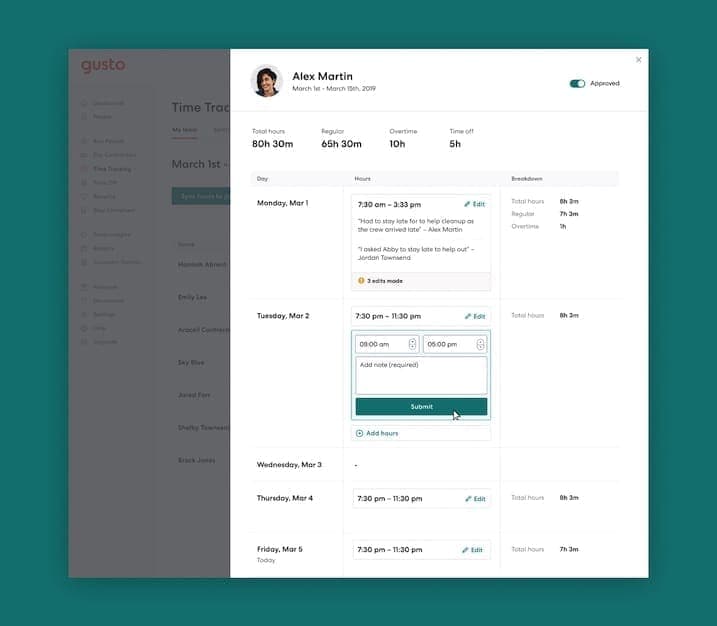 Time tracking tool - Gusto brand refresh